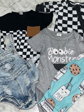 Boutique brand checkered Onsie denim overalls cookie milk monster
